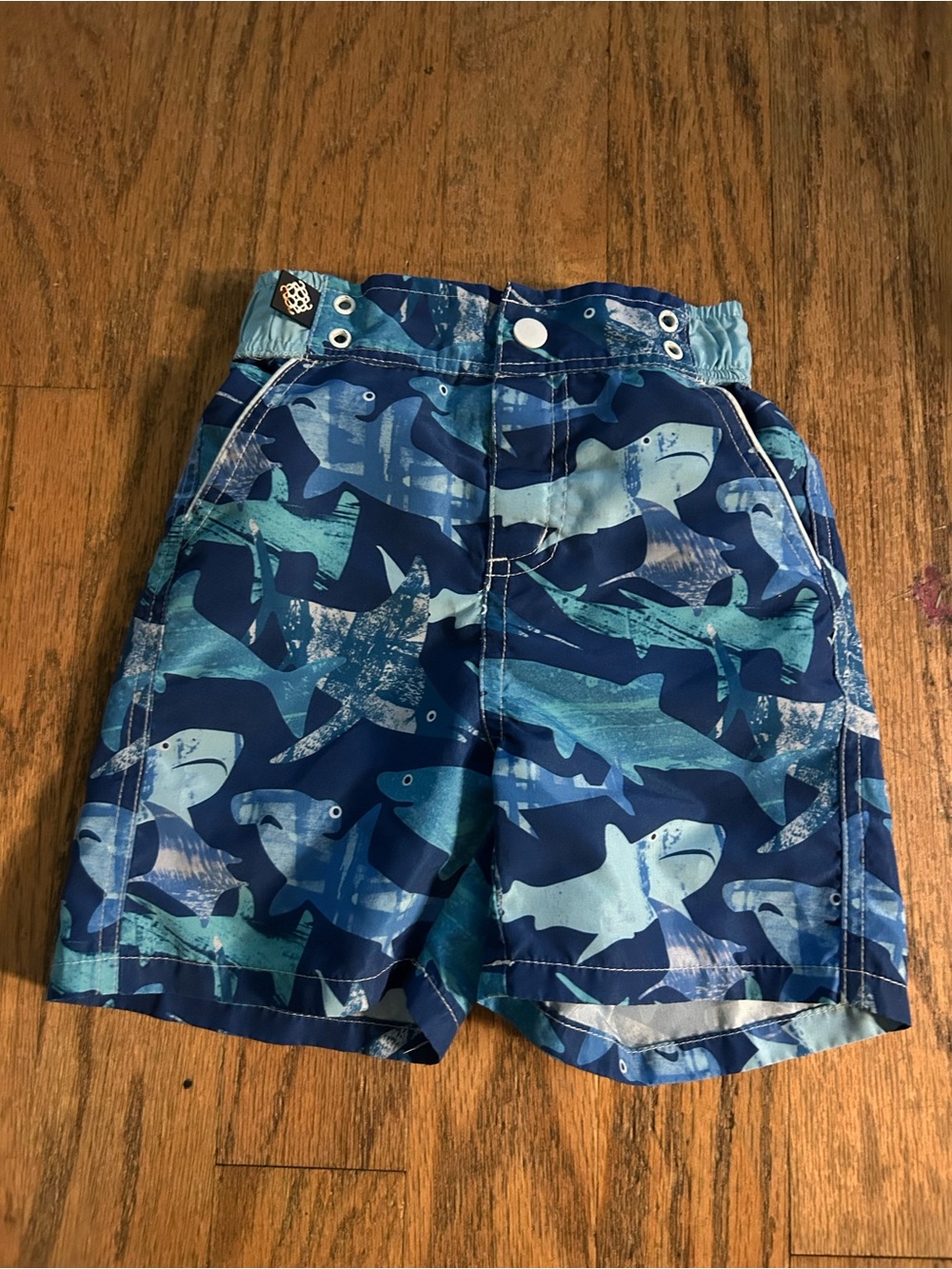 Navy Shark-Print Kids Swim Shorts